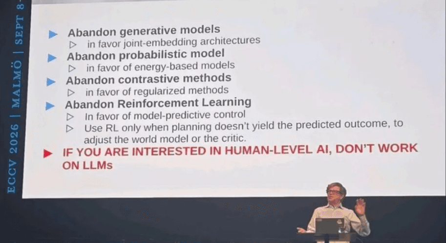 Yann LeCun presenting a slide at ECCV 2026 that reads: If you are interested in human-level AI, don't work on LLMs.